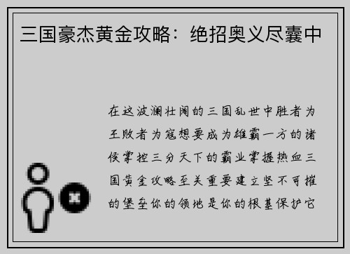 三国豪杰黄金攻略：绝招奥义尽囊中