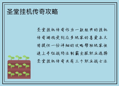 圣堂挂机传奇攻略