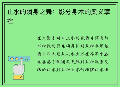 止水的瞬身之舞：影分身术的奥义掌控