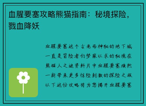 血腥要塞攻略熊猫指南：秘境探险，戮血降妖