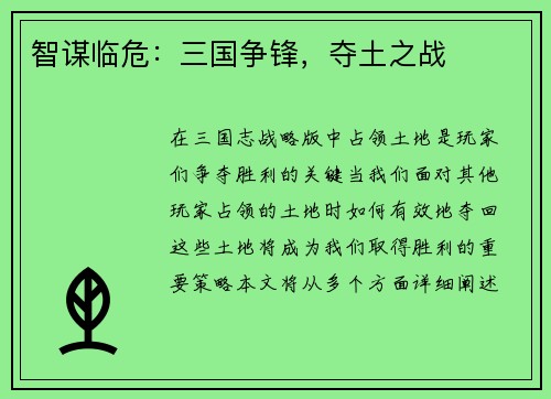 智谋临危：三国争锋，夺土之战